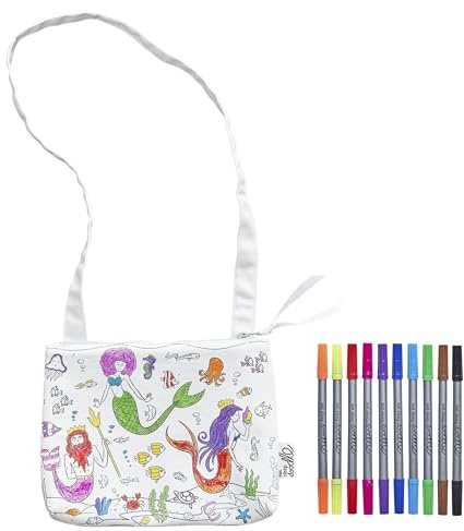 eatsleepdoodle Meerjungfrau-Umhängetasche zum Ausmalen für Kinder mit 10 waschbaren Stiften für Kinder – 22 x 18 cm, Umhängetasche für Mädchen