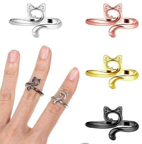 Dimeho Metall Häkelring, 4 Stück Strick Häkelschlaufenringe für Finger, Verstellbare Haken Strick Häkelschlaufe Zubehör in Katzenform, Offene Garnführungsringe aus Metall Häkelspannungsringe(4 Farben)