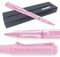 Lamy Safari Rollerball Pen with personalized engraving. Ergonomic grip, medium line width, robust ASA plastic, includes blue M 63 refill, and comes gift boxed. (Light Rose)