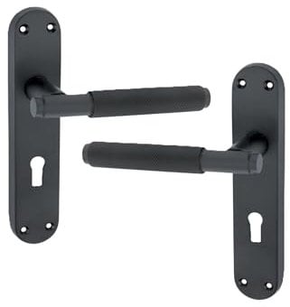 Infinity Decor Pair of Knurled Lever on Keyhole Backplate Lock Door Handles Set - Ideal for Interior & Exterior Doors (Matt Black)