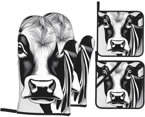 YYHHAOFA Ensemble de 4 pièces de cuisine avec motif vache noire et blanche – Manique isolante et manique épaisse et durable