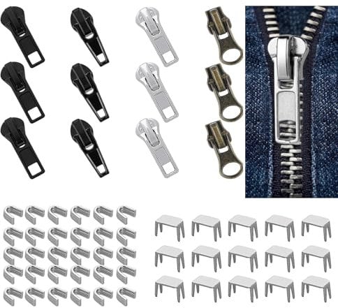 57-teiliges Reißverschluss-Set, Universell #5 Ersatzschieber-Set, in Metall, Kunststoff, Nylon - Mit Stopper und Zubehör in 3 Farben für Oben und Unten