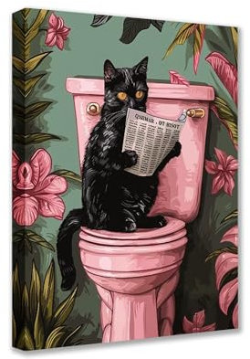Kunstdruck auf Leinwand, Motiv: Schwarze Katze auf Toilette, Motiv: Zeitung, 1 Stück, tropische Pflanze, Poster, Drucke, niedlich, modernes Kunstwerk für Wohnzimmer, Schlafzimmer, Heimdekoration,