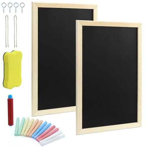Kreidetafel mit Holzrahmen Set, 2 Stück 20 x 30cm Schiefertafel zum Beschriften mit 12 Kreiden und 1 Schwammradierer, mit 1 Hanfseil und 2 Hornhaken, Kreidetafel Klein für Buffet Hochzeit Party