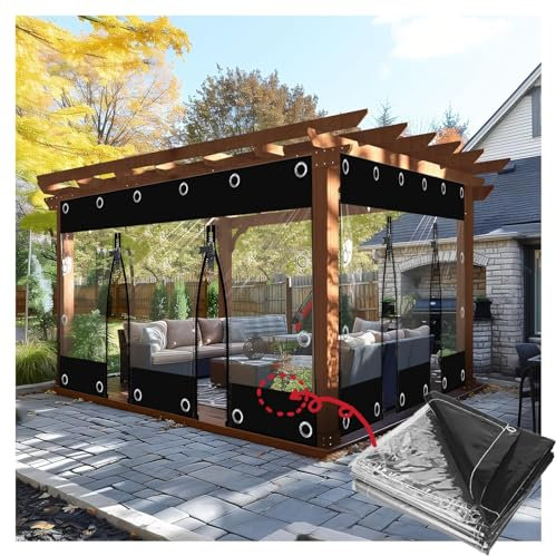 Transparente wasserdichte Abdeckplane mit Reißverschlüssen für den Außenbereich, Pergola, Pavillon, Terrasse, schwarz, transparent, Spleißplane, Abdeckplane (H2 x B 4,5 m/H 6,5 x B14,2 m)