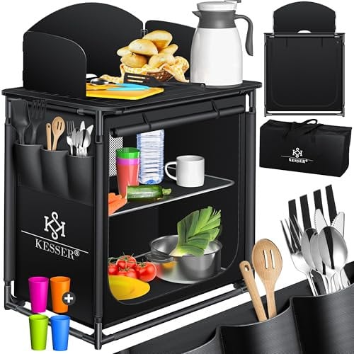 KESSER® Campingküche | Inkl. Tragetasche & Becherset | Campingschrank Faltschrank | mit Aluminiumgestell | Reiseküche | Küchenbox | Zeltschrank | Outdoor Camping Küche | Schwarz/Schwarz | Typ F2
