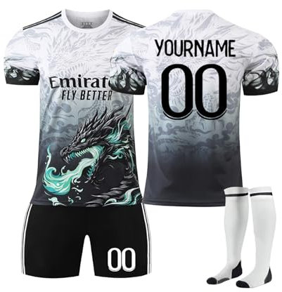 Generisch Personalisiertes Fußballtrikot für Kinder 2024 2025 Boy Football Strips Trikot Heim-Fußballtrikot-Set Tshirts Shorts und Socken Sportanzug Fußballtrikot-Set mit DIY Nummer Name 12