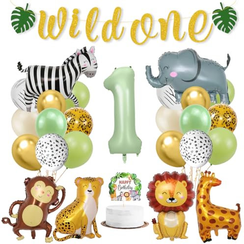 Wild One Geburtstag Deko, Dschungel Geburtstagsdeko 1 Jahr, Deko 1. Geburtstags Junge Mädchen, Safari Erster Geburtstags Luftballons, Waldtiere Grüner Tiere Luftballon für Kinder Geburtstag