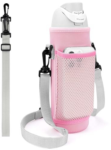Linkidea Water Bottle Carrier with 2 Strap Compatible with Owala FreeSip 24oz, Waterbottle Sling Bag Holder, Shoulder Strap with Mesh Phone Pocket, Pink
