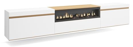 Skraut Home | Mobile TV Soggiorno | Ampio spazio a disposizione | 260x45x35cm | TV di grande formato | Camino elettrico | Sospeso, da appendere | Stile moderno | Bianco e Rovere soft