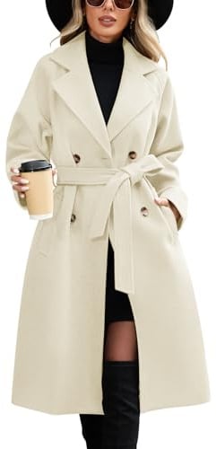 CMTOP Mantel Damen Lang Elegant Zweireihiger Trenchcoat Damen Revers Doppelreihiger Windjacke Warme Klassische Übergangsmantel Langer mit Gürtel und Tasche für Frühling und Herbst