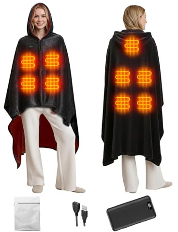 Electric Heated Throw Blanket with 20000mAh Power Bank & Extension Cord, 9 Heating Zones, 3 Adjustable Heat Levels, Wearable Shawl with Removable Zippered Hood for Women Men(180x110cm, Dark Grey)