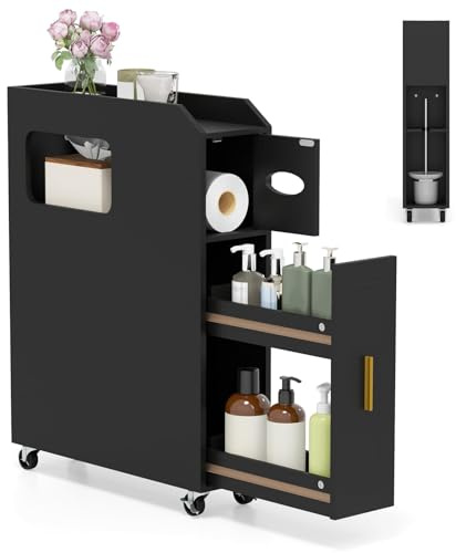 RELAX4LIFE Mobile da Bagno Stretto, Carrellino Salvaspazio con Ruote, Organizzatore Mobiletto Bagno, Porta Carta Igienica, per Spazi Ridotti, 16 x 50 x 69 cm (Nero)