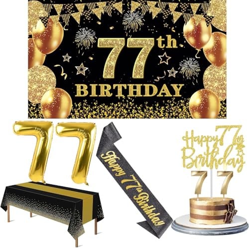 Amosking 77 Geburtstag Dekorationen für Männer Frauen Schwarz Gold | Luxus 77 Geburtstag Dekorationen - Einfache Montage mit Banner, Zahlenballons, Tischdecke, Schärpe, Tortenaufsatz und Kerzen