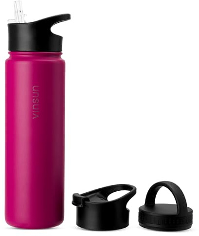 Vinsun Borraccia Termica 750ml in Acciaio Inox - 3 Coperchi, senza Perdite | Borraccia con Cannuccia, senza BPA, Doppia Parete - Bottiglia Termica Sport, Scuola, Campeggio