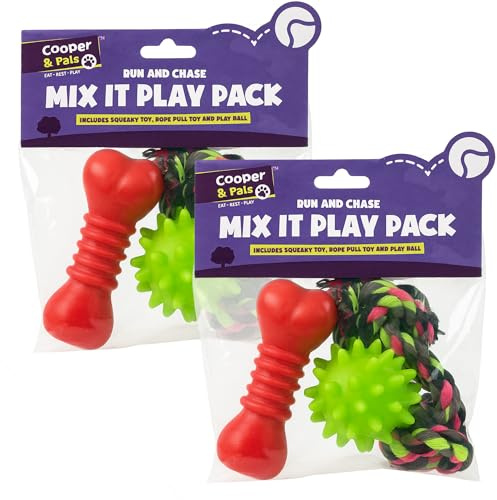 Cooper&Pals 6pk Mix It Play Pack: Squeaky Dog Toy, Rope Pull, Spiky Ball for Small Pups Dachshunds & Chihuahuas, Medium Breeds Beagles & French Bulldogs. Fetching & Tugging, Teething & Dental Health