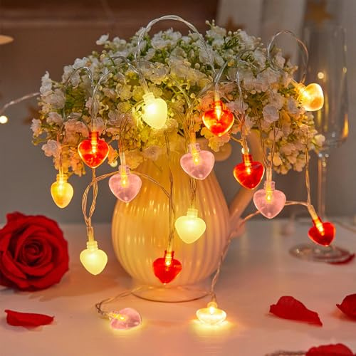 GoldRock Herz Lichterkette,3M 20 Led Lichterkette Herzen Innen,Herz Deko Lichterketten Batterie für Valentinstag Deko, Hochzeit,Geburtstag,Jahrestage,Romantische Herzförmige Fairy Lights Rot Rosa Weiß