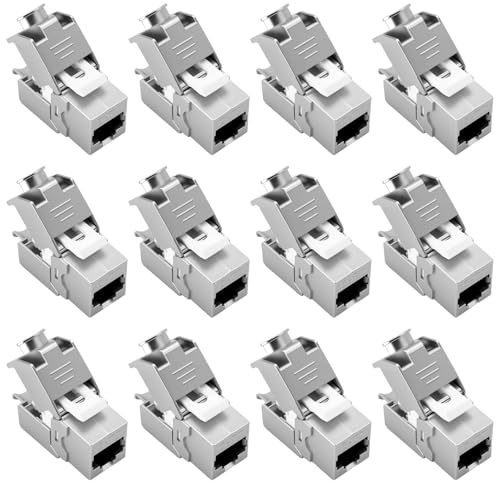 12 Stück CAT 7 Keystone RJ45 Modul Buchse für CAT7 CAT6 CAT6a, Werkzeugloses LSA, 10 Gbit/s Übertragung, Vollgeschirmt STP, Vergoldete Kontakte, CAT 7 Keystone Jackfür Patchpanel und Netzwerkdosen