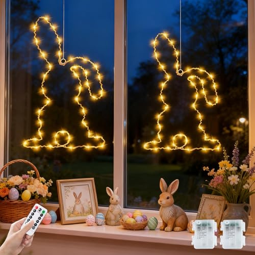 Kertaym Osterdeko Fensterbeleuchtung, LED Osterhase Lichterkette 32x19cm Osterdeko Fenster Hängend, Fensterdeko Ostern, 8 Lichtmodi & 6h Timer Funktion (2 Stück)