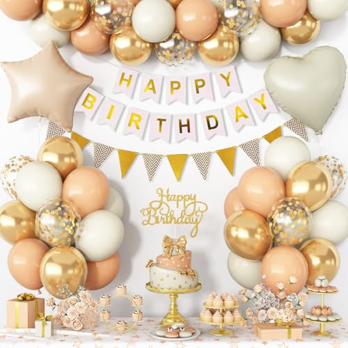 Luftballons Geburtstag Set für Mädchen Junge Deko, Beige Weiß Gold Geburtstagsdeko Latexballons mit Happy Birthday Banner für Geburtstag Partys, Herz und Stern Folienballons für Hochzeit Dekoration