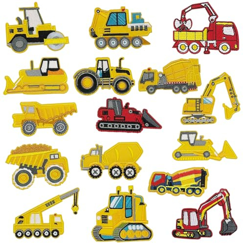 Attuslla 16 PCS Engineering Vehicle Iron on Patches Embroidered Appliques, Car Truck Decoration Patch for Hats Jackets Bags Jeans