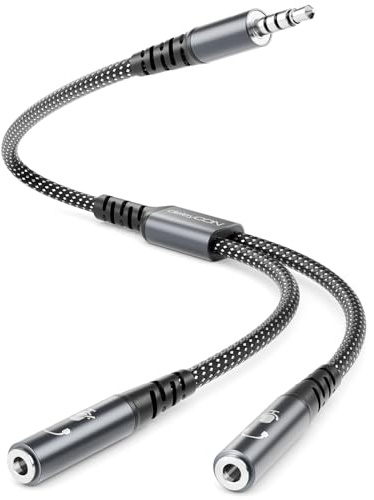 deleyCON AUX Audio Klinke Y Adapter Splitter 3,5mm | Stereo Kabel, 1x Stecker auf 2x Buchse, unterstützt 2x Kopfhörer oder Headset mit Mikrofon, für Smartphone, PC, Laptop