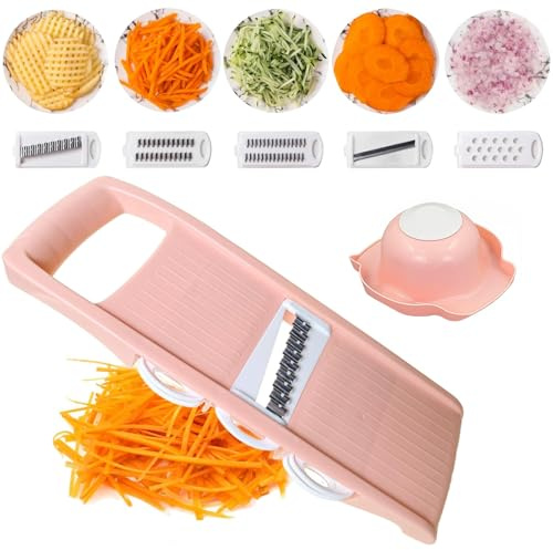 Mandolina per Verdure, Mandolina Regolabile, Affetta Verdure, 5 in 1 con Protezione per le Mani, Grattugia Carote, Cucina Multifunzione Frutta Verdura Grattugia Affettatrice Pelapatate, Rosa