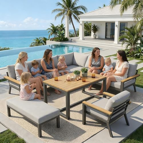 Su & Chan Legence Gartensofa Set für 8 Personen, mit Holztisch, Sessel und Bank, Gartenmöbel Wetterfest mit Abnehmbare Kissenbezüge, Grau
