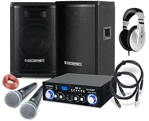 McGrey DJ Karaoke Komplettset PA Anlage Party-1500 (Lautsprecher, 2 x 400 Watt, Bluetooth-Endstufe, Verstärker, Lautsprecherkabel, Kopfhörer, Mikrofon, Klemme, Reduziergewinde, Tasche, Mikrofonkabel)