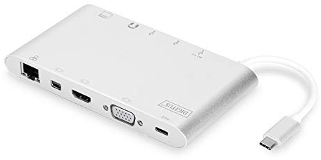 DIGITUS USB-C Docking Station – 11 Ports – 1x HDMI, 1x mDP, 1x VGA (4K@30Hz) – 3x USB 3.0 / USB 2.0, 1x USB Typ-C – RJ45 LAN, Klinke Audio, Kartenleser – Silber