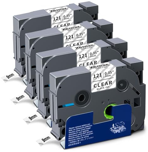 4X XemaX Compatible for Brother Label Printer Tape 9mm TZe-121 Ub-121 Black on Transparent Tape Cassette for Brother P-Touch Label Maker PT-E110 H100R H100C H105 H110 E550W 1010 E100 H108 1000