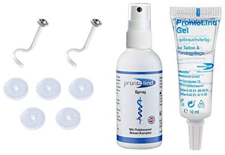 Trend Agent Marc's Piercing-Pflege- und Anti-Wildfleisch-Set für entzündete Piercings und gegen Wildfleisch mit PRONTOLIND und Titan-Schmuck.