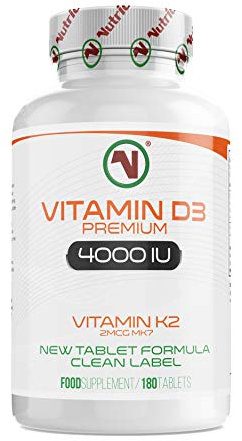 Nutriodol Vitamin D3 4000 IU with Free 2mcg K2 MK7 All Trans – (6 Months) 180 x High Strength Vitamin D Tablets – Immune System D Supplement for Men and Women – VIT D3 As Cholecalciferol
