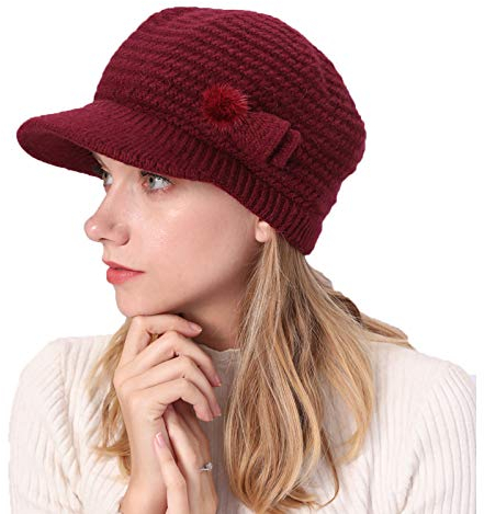 YAMEE Schirmmütze Damen Wintermütze Warm Baskenmütze Beanie Barett Kappe Winter Hüte Winter Fleece Innerhalb Gefütterte Mütze Damen