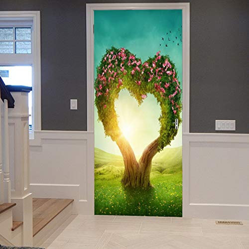 A.Monamour Türtapete Selbstklebend Türfolie Türposter 3D Verzauberte Herzförmige Baum Grüne Wiese Dämmert Die Naturlandschaft Vinyl Folie Türdeko Tapete Wandbild Türaufkleber Türtattoo 77 x 200 cm