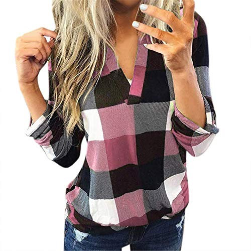 Bluse Damen V-Ausschnitt Kariert 3/4 Ärmel Kurzarm Tunika Tops Longshirt Shirt Top Frauen Casual Baumwolle Langarm Plaid Shirt Slim (S,1Rosa)
