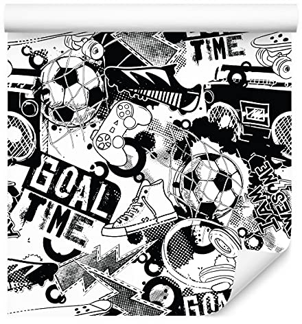 Muralo Vlies Tapete 10m Tapeten Rollen für Jugend Fußball Graffiti Musik Vliestapete 1000 x 53cm Wand Tapete Wohnzimmer Schlafzimmer Moderne Wanddeko Wand Dekoration