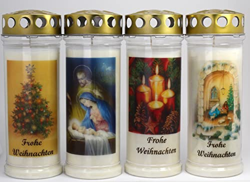 4 Grablichter, Grabkerzen, 4er Set Weihnachten- 21x7,5 cm - 3999-7 Tage Brenndauer je Grablicht – Trauerkerze mit Motiv und Spruch