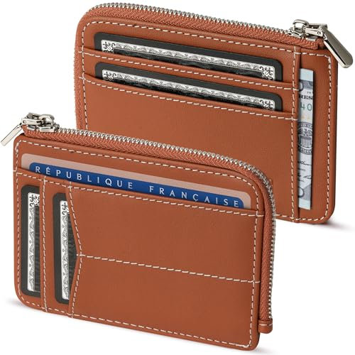 HUYAMI Porte Carte de Crédit en Cuir Ultra Fin – Blocage et Sécurité Anti RFID – Porte-Monnaie intégré avec Zip – Portefeuille Rigide en Cuir – Jusqu’à 6 Cartes bancaires (Marron)