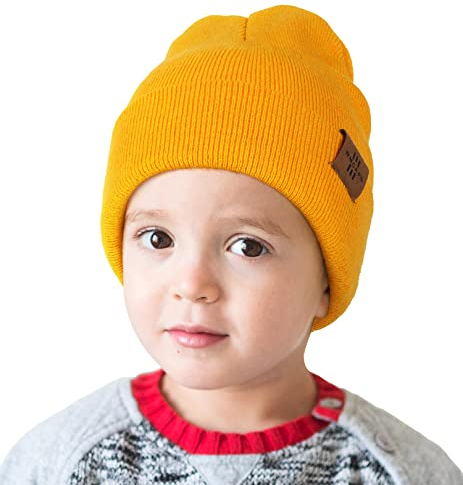 Mütze Kinder Jungen, Warme Weiche Wintermützen für Mädchen Kleinkind Baby, Doppellagige Strickmütze Kinder (Gelb)