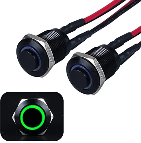 JIQI 2× 12mm Momentary Druckschalter 12V bis 24V 2A Wasserdichte Taster Schalter aus Metall IP66 1NO Momentan schwarze Druckknopf mit LED Leuchte Verbindungsverdrähten für Motorrad (hoher Kopf, Grün)