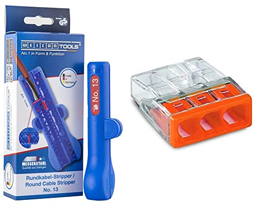 WEICON TOOLS Rundkabel-Stripper No. 13 | Entmanteler für Rund- und Feuchtraumkabel von 6-13 mm Ø & WAGO® Klemme, 3-Leiter, Verbindungsdosenklemmen, 2273-203 (100 Stück), Orange
