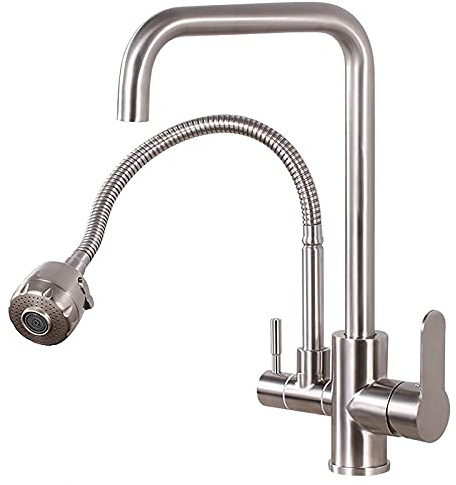 OKUOKA Kitchen Sink Mixer Taps,2 Function Water Outlets Kitchen Tap Faucet with 2 Spray Modes,360°Swivel Spout,Dual Handle and Lever,Rotatable Spray Head Adapter,Stainless Steel