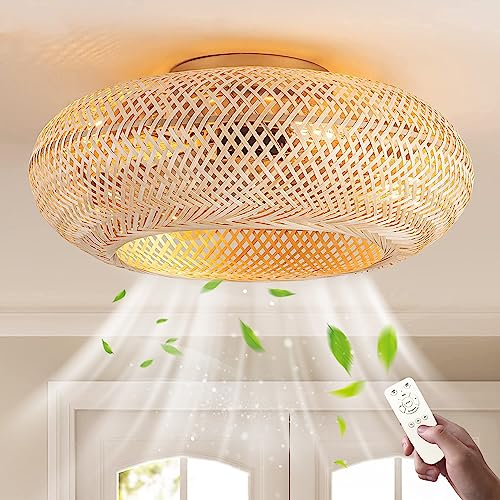 Ventilador de techo con luz y mando a distancia silencioso Lámpara De Techo E27 Retro luces de ratán tejida a mano Lámpara De Plafones Para Sala De Estar Dormitorio restaurante Comedor Iluminación