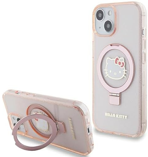 CG MOBILE Hello Kitty HKHMP15SHRSGEP Case for iPhone 15/14/13 6.1 Inch Pink with Ring Stand Glitter Electrop Logo