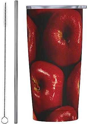590 ml Edelstahlbecher mit Deckel und Strohhalm, roter Apfel, bedruckt, doppelwandig, vakuumisoliert, Reise-Kaffeetasse für Zuhause und Büro
