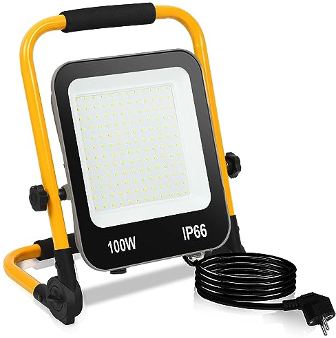 Gimisgu LED Baustrahler, 100W 10000LM Tragbar Arbeitsleuchte Strahler mit 3M Kabel und Faltbarer Ständer, 6000K Kaltweiß Arbeitsscheinwerfer IP66 Wasserdicht für Garage (mit Stecker)