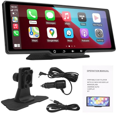 Pantalla Coche de CarPlay/Android Auto Inalámbrico - Portátil Radio Coche con Pantalla táctil de con Bluetooth | Mirror Link | Transmisor FM/USB/TF (9,3 Pulgadas sin cámara)