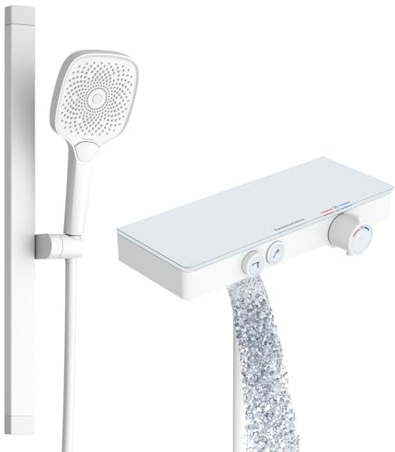 Rainsworth Duscharmatur mit Thermostat Set und Glasablage Weiß - Duscharmatur komplettset mit 3 Strahlarten Handbrause, Unterer Auslauf, 60 cm Aluminium Duschstange, Duschset Duscharmatur Set