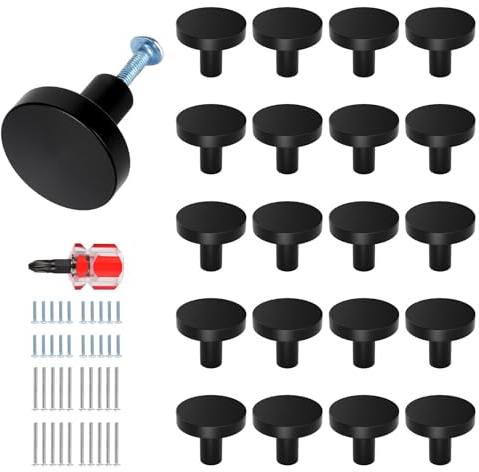 Chuner 20er Set Schrankknöpfe Metall, mit 20 kurze/ 20 lange Schrauben und Schraubendreher, Möbelknöpfe Schwarze Schubladenknöpfe Modern Runde Knauf für Schrank, Schubladenknöpfe
